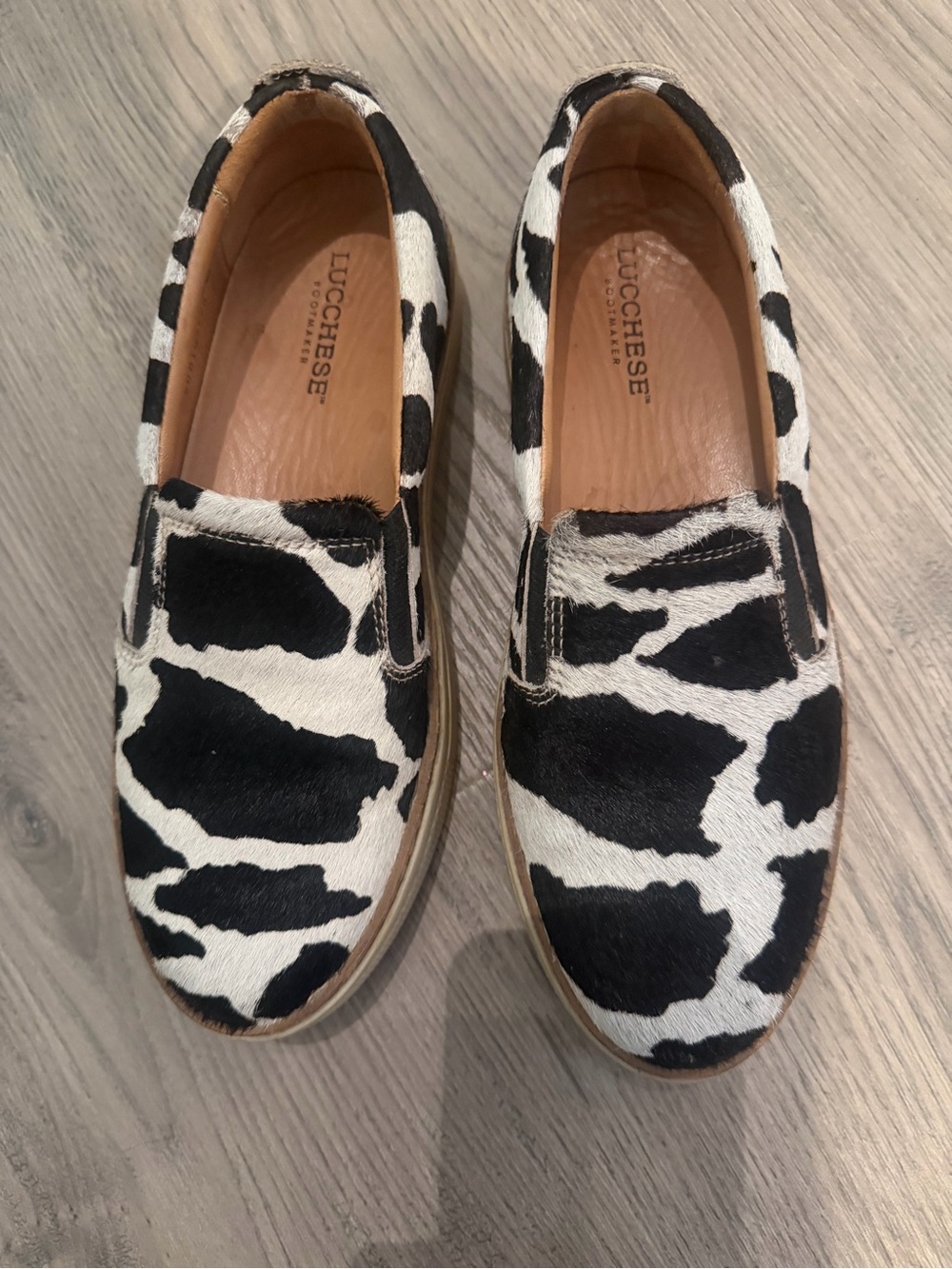 Lucchese Women’s Black & White Cow-Print Slip-On Shoes
